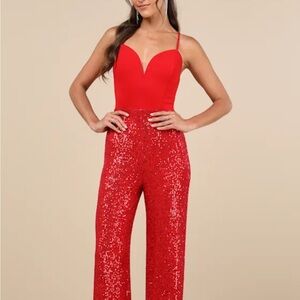 Lulu's Vibrant Red Sequin Jumpsuit